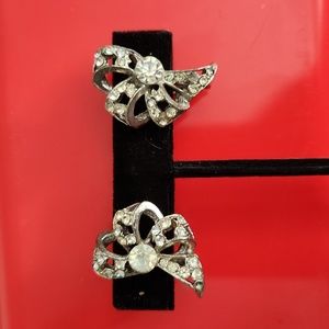Rhinestone Bow Stud Earrings - Silver Tone